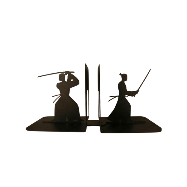 Metal Samurai Bookends with Warrior Silhouette Cutout Design - Metaloslav 