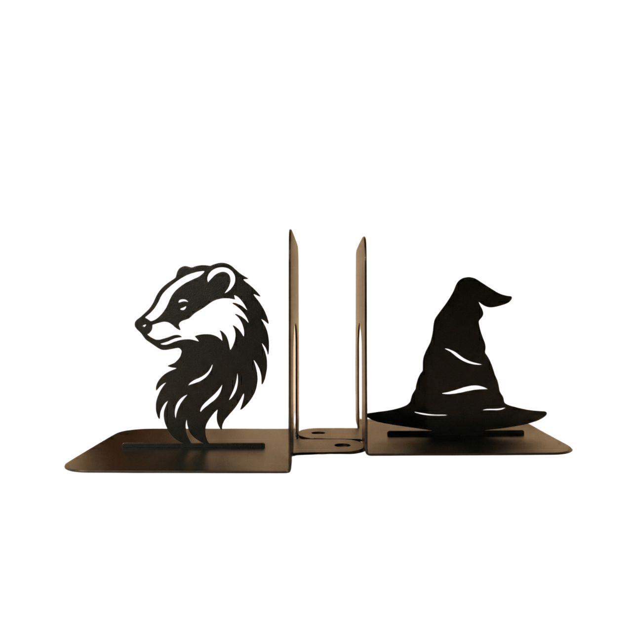 Wizard Hat and Badger Metal Bookends Set Steel Shelf Holders - Metaloslav 