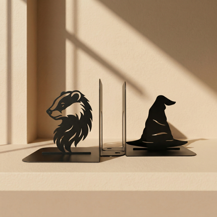 Wizard Hat and Badger Metal Bookends Set Steel Shelf Holders - Metaloslav 