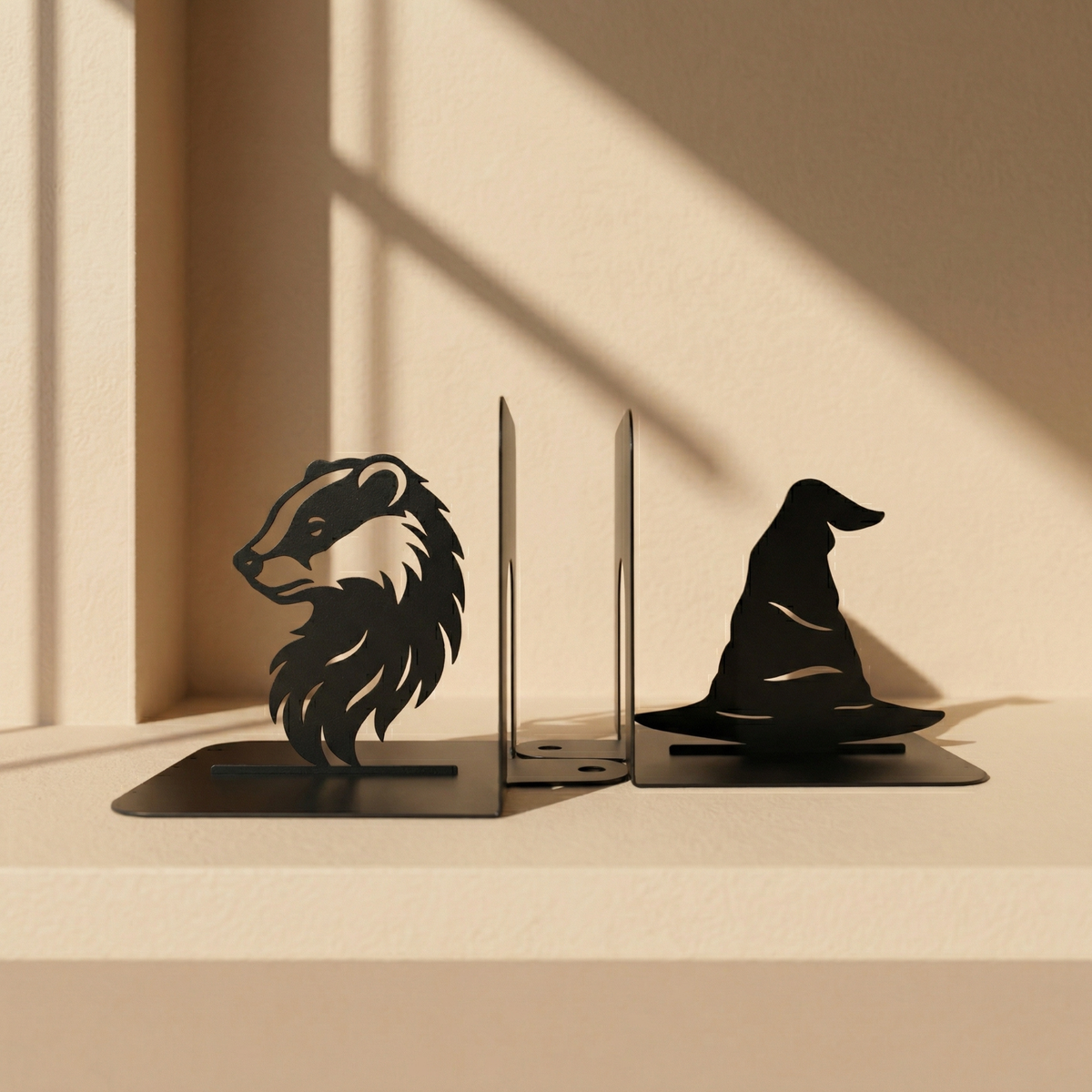 Wizard Hat and Badger Metal Bookends Set Steel Shelf Holders - Metaloslav 