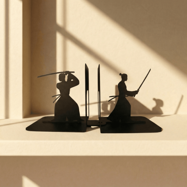Metal Samurai Bookends with Warrior Silhouette Cutout Design - Metaloslav 