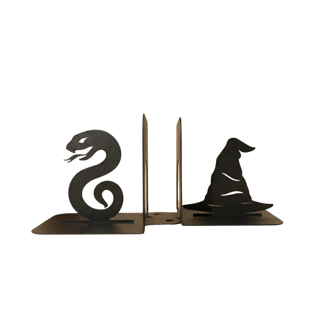 Snake and Wizard Hat Metal Bookends Set Steel Shelf Holders