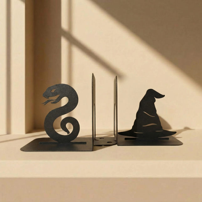 Snake and Wizard Hat Metal Bookends Set Steel Shelf Holders