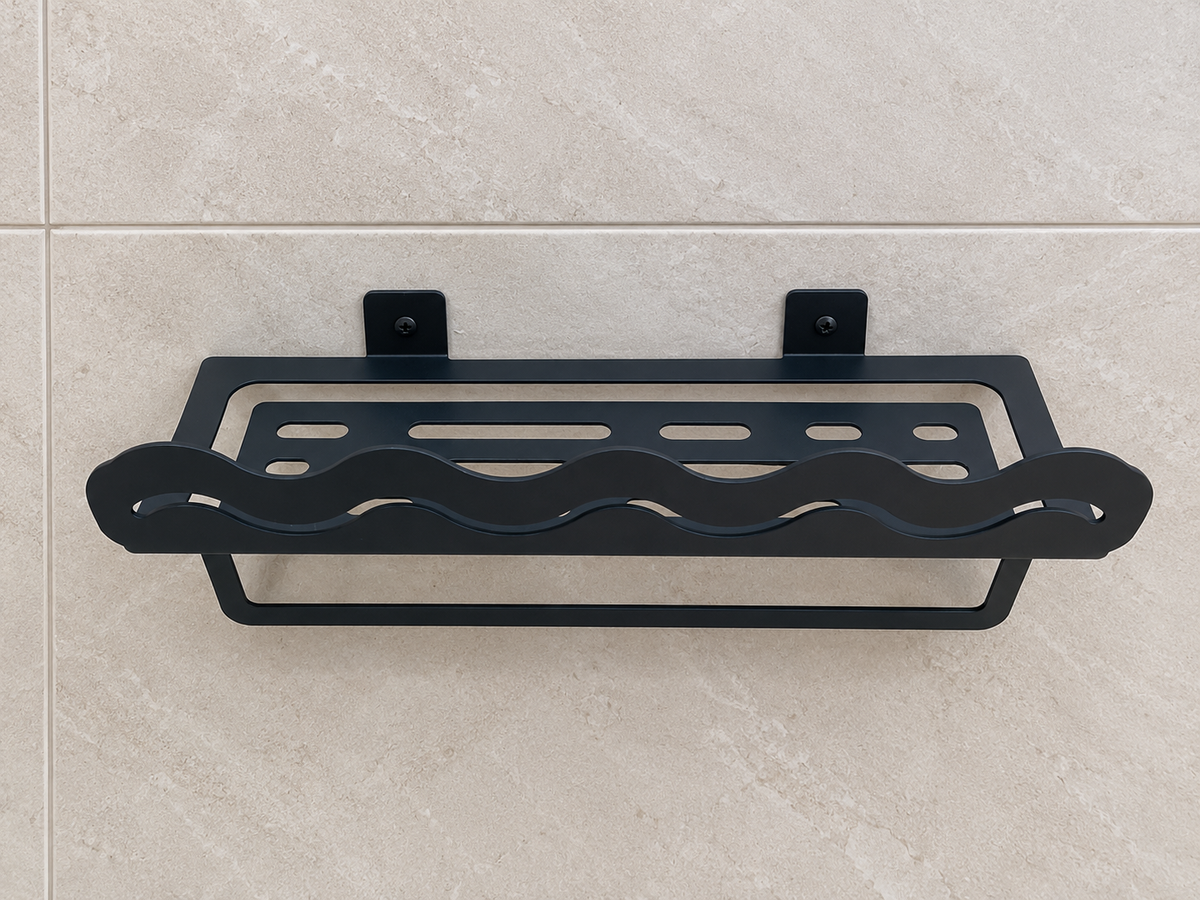 Metal bathroom wall shelf with wave design and integrated towel holder