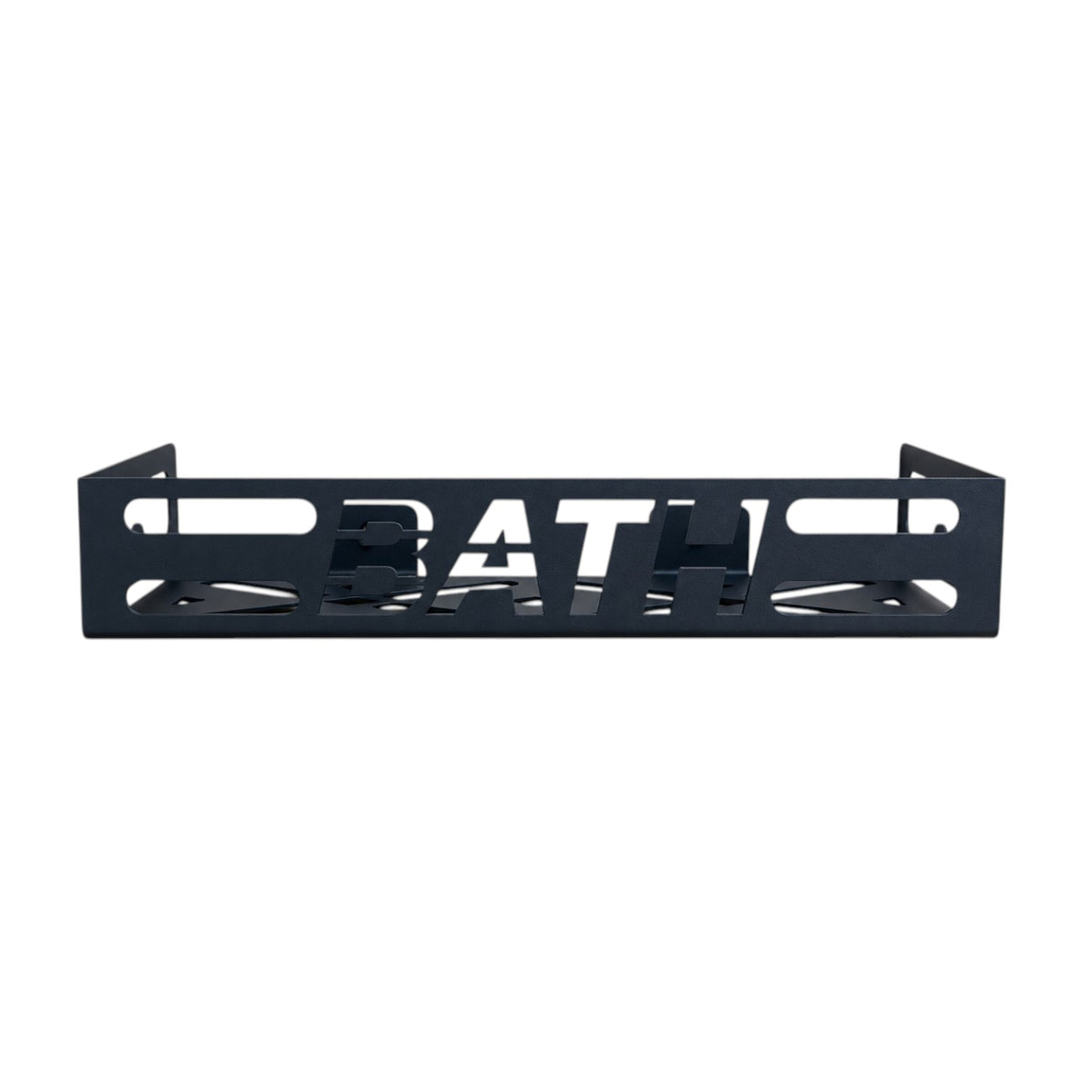 Black metal bathroom wall shelf with cutout BATH lettering, geometric openings and wall-mounted brackets