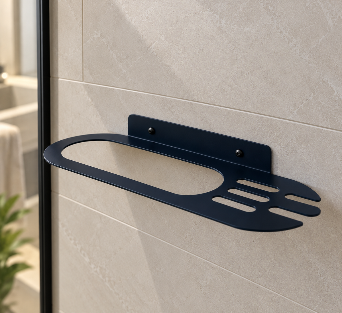 Black metal bathroom wall shelf with oval storage opening and integrated towel holder