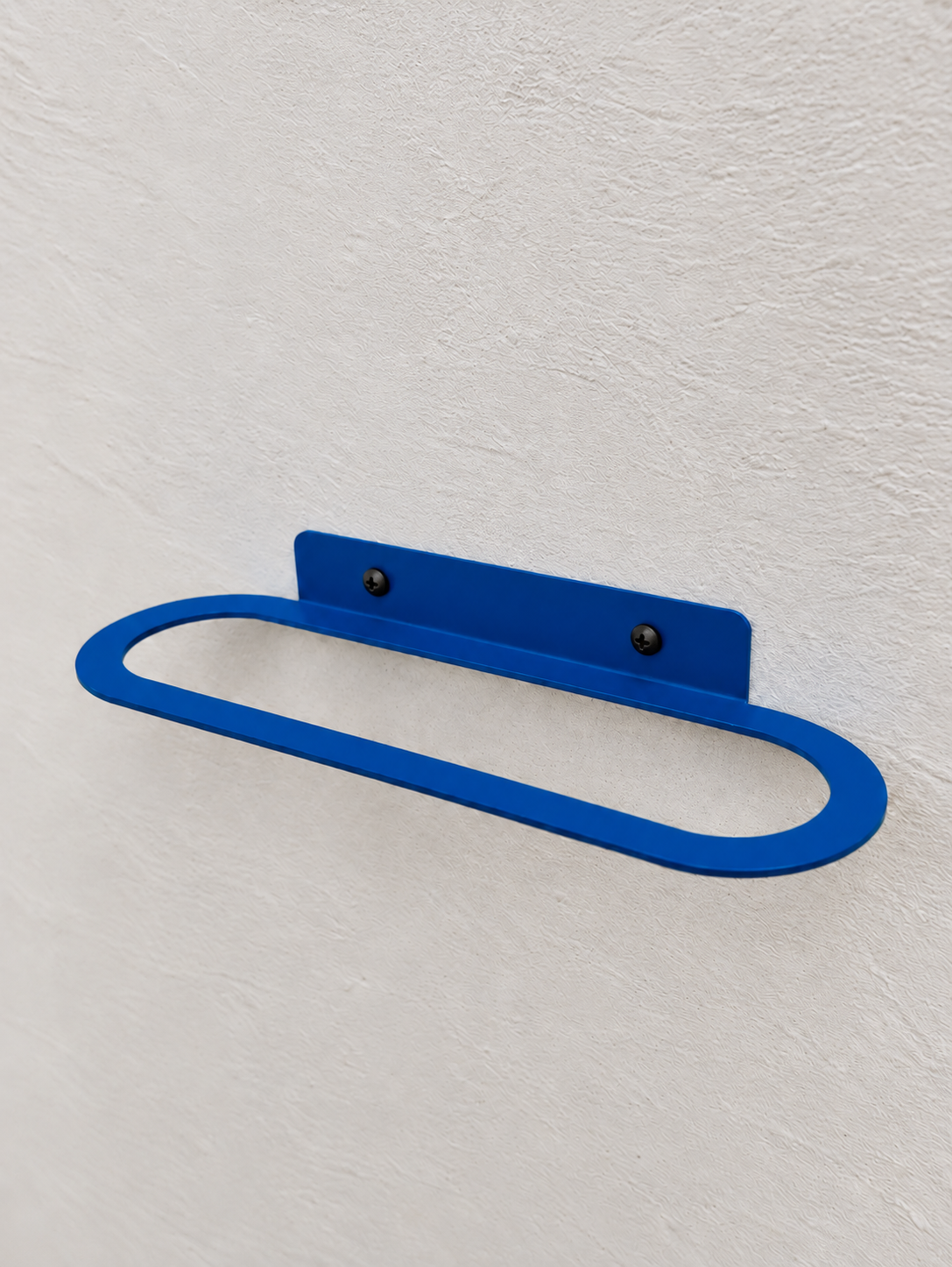 Blue metal wall-mounted towel rack with minimalist oval design and powder-coated finish Copy