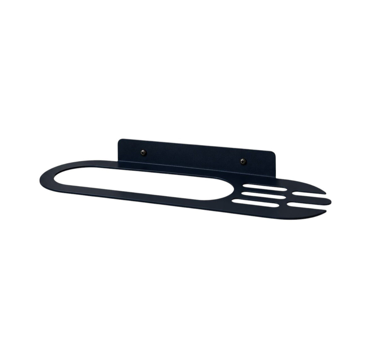Black metal bathroom wall shelf with oval storage opening and integrated towel holder