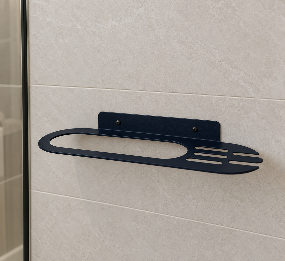 Black metal bathroom wall shelf with oval storage opening and integrated towel holder