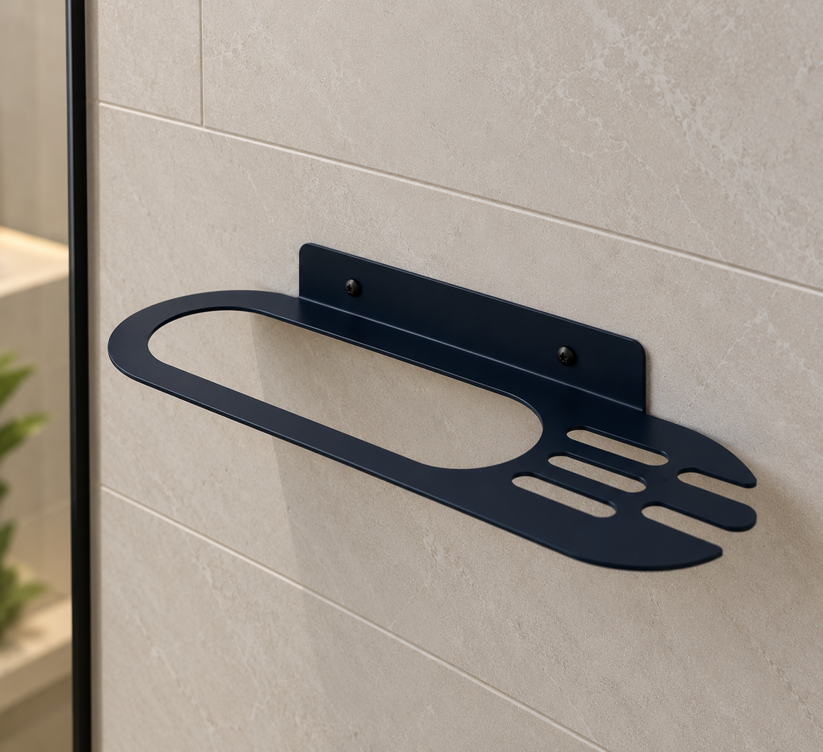 Black metal bathroom wall shelf with oval storage opening and integrated towel holder