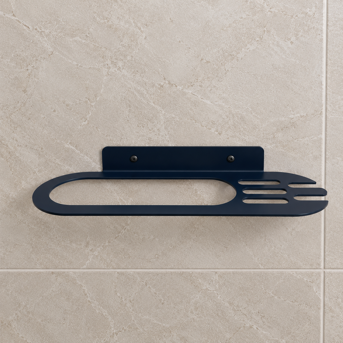 Black metal bathroom wall shelf with oval storage opening and integrated towel holder