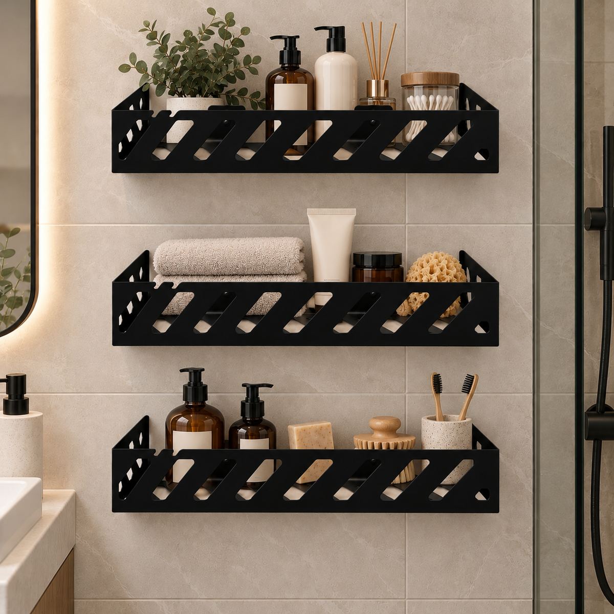 Black metal bathroom wall shelf with geometric cutouts holding toiletries, soap dispensers and toothbrushes