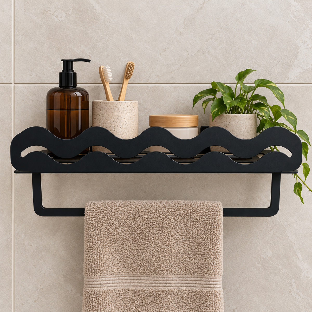 Metal bathroom wall shelf with wave design and integrated towel holder