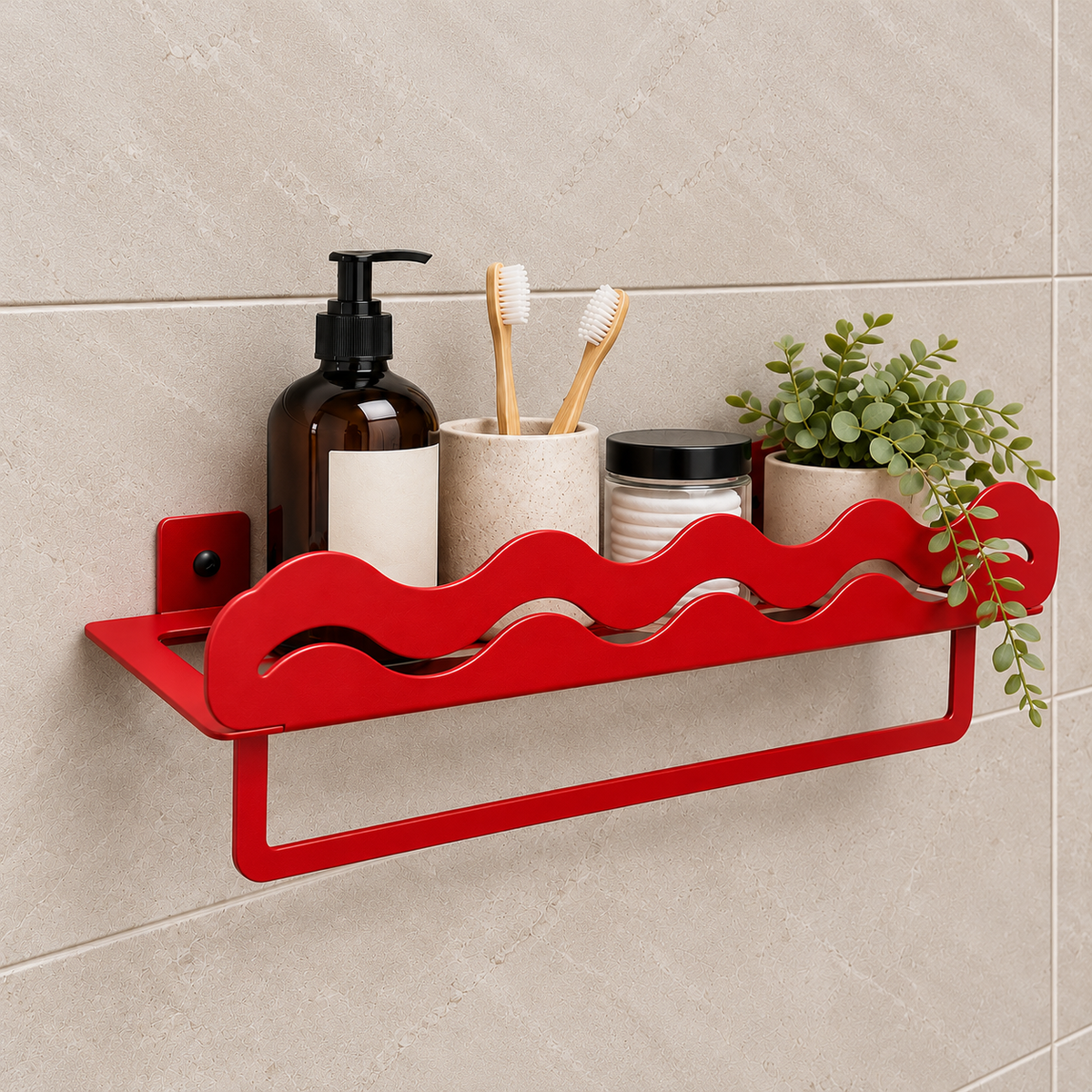 Metal bathroom wall shelf with wave design and integrated towel holder