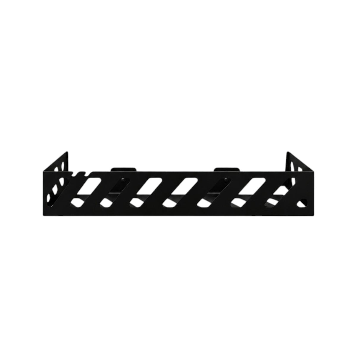 Black metal bathroom wall shelf with geometric cutouts holding toiletries, soap dispensers and toothbrushes