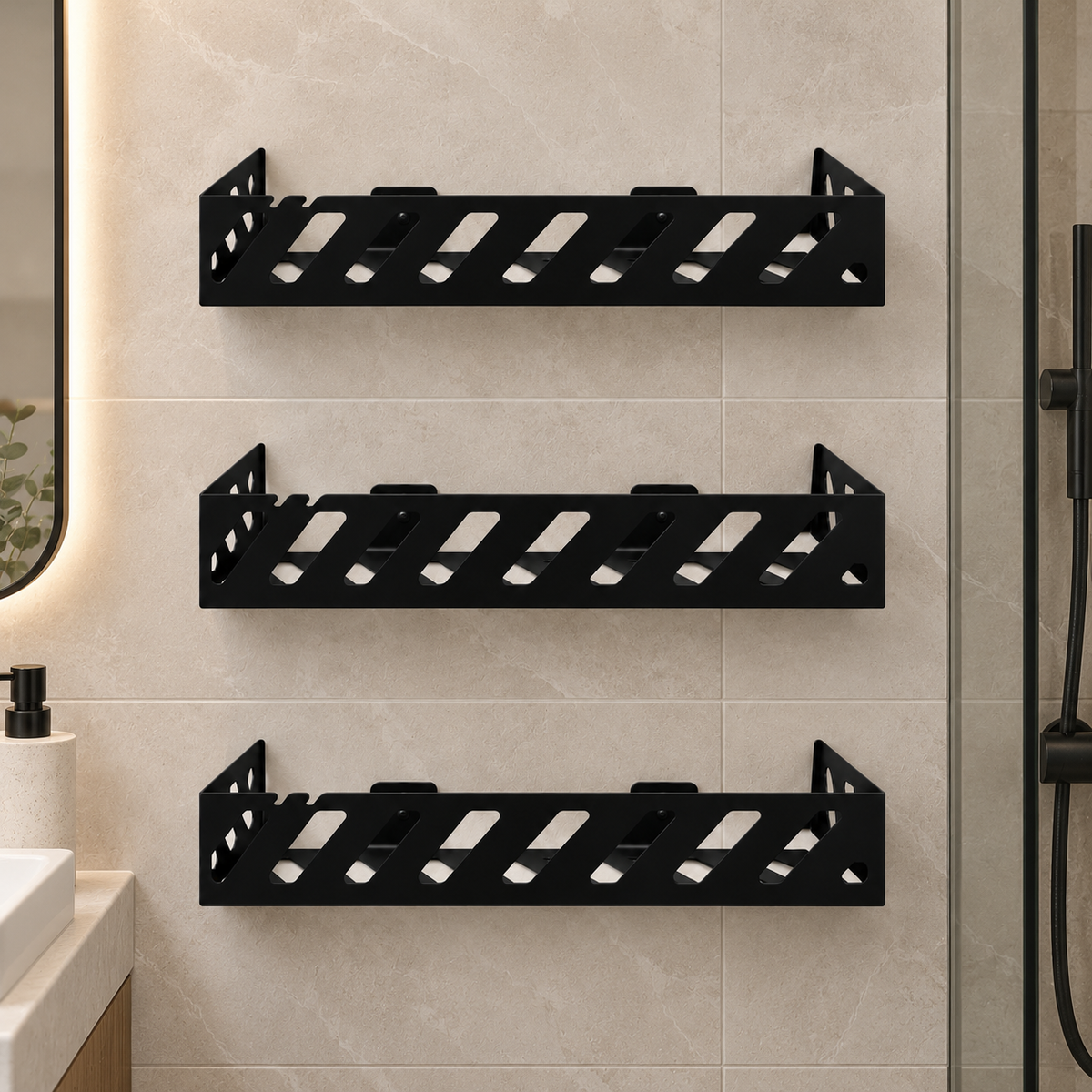Black metal bathroom wall shelf with geometric cutouts holding toiletries, soap dispensers and toothbrushes