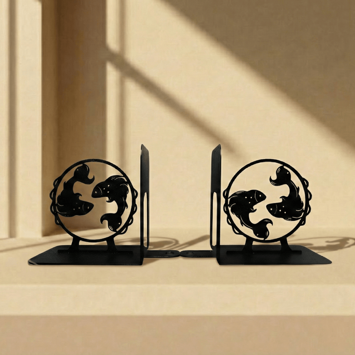 Metal Bookends Pair with Pisces Fish Silhouette Zodiac Design - Metaloslav 