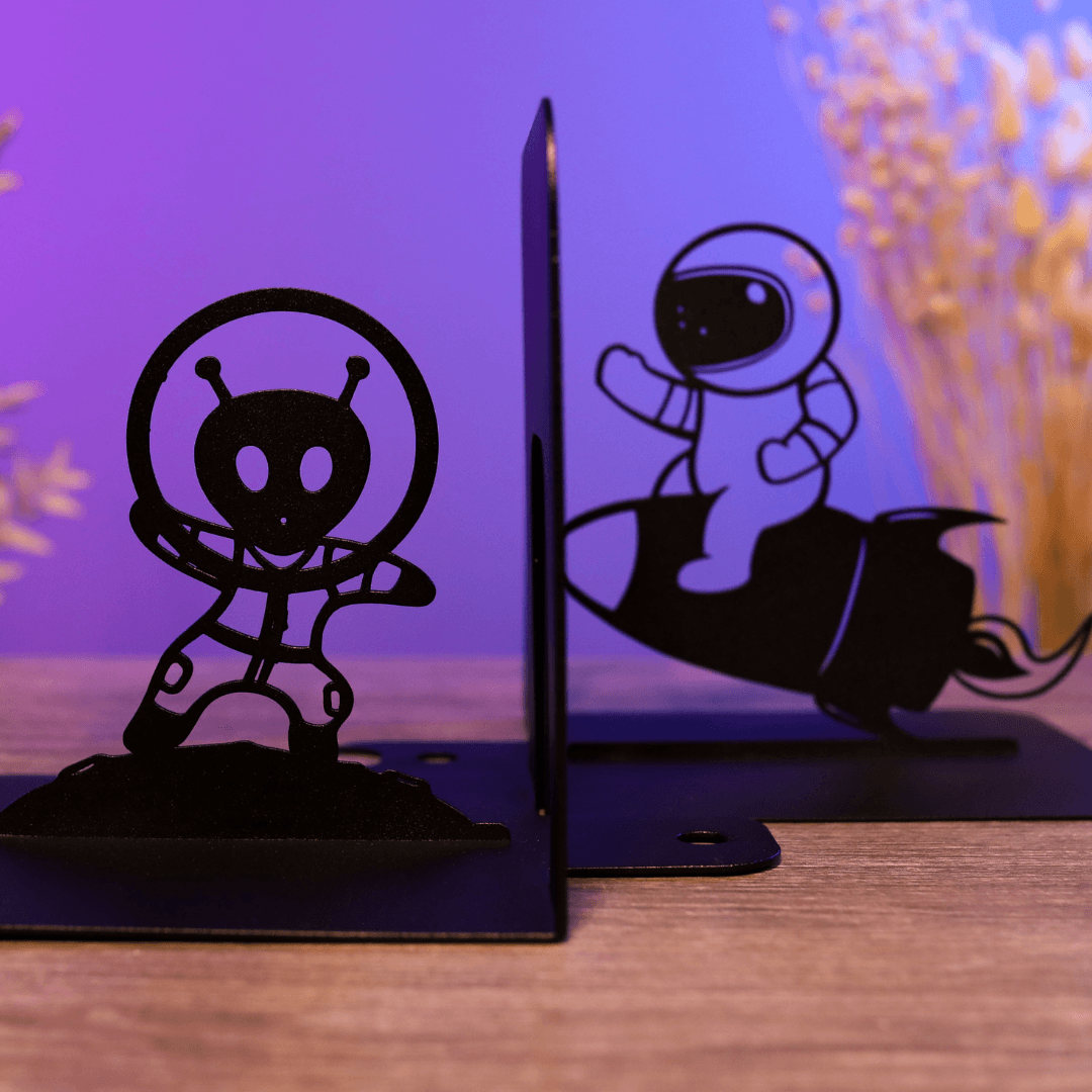 Metal Astronaut and UFO Bookends in Powder-Coated Steel - Metaloslav 