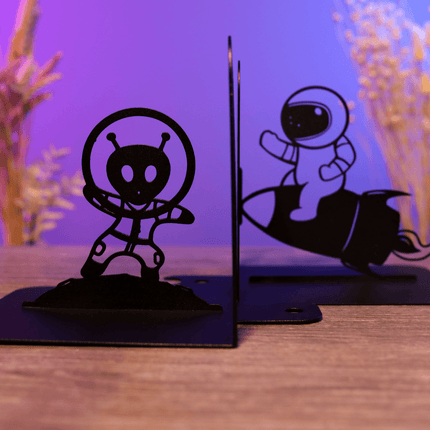 Metal Astronaut and UFO Bookends in Powder-Coated Steel - Metaloslav 