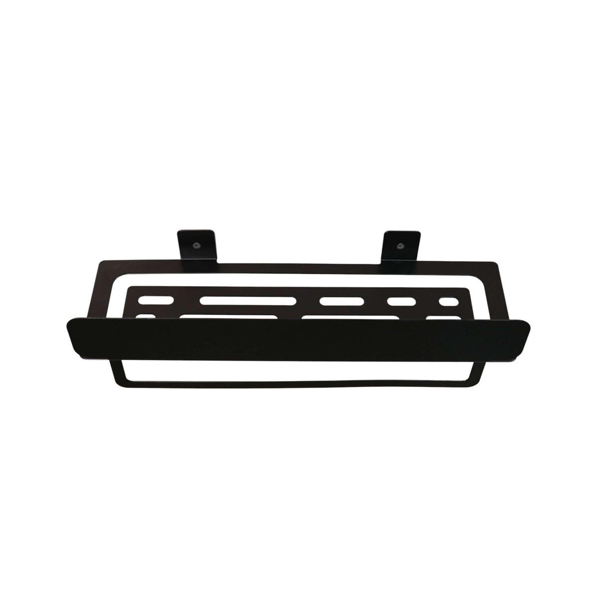 Black metal shelf bracket on a white background