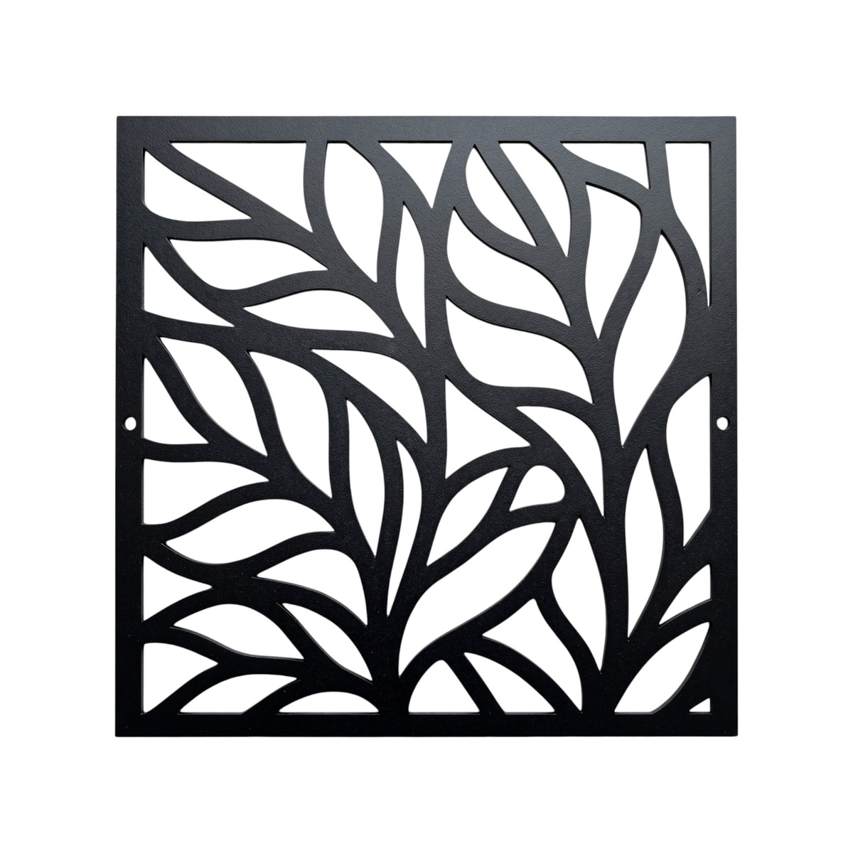 A square black metal wall art piece featuring an intricate leafy branch cutout pattern, displayed against a solid white background.
