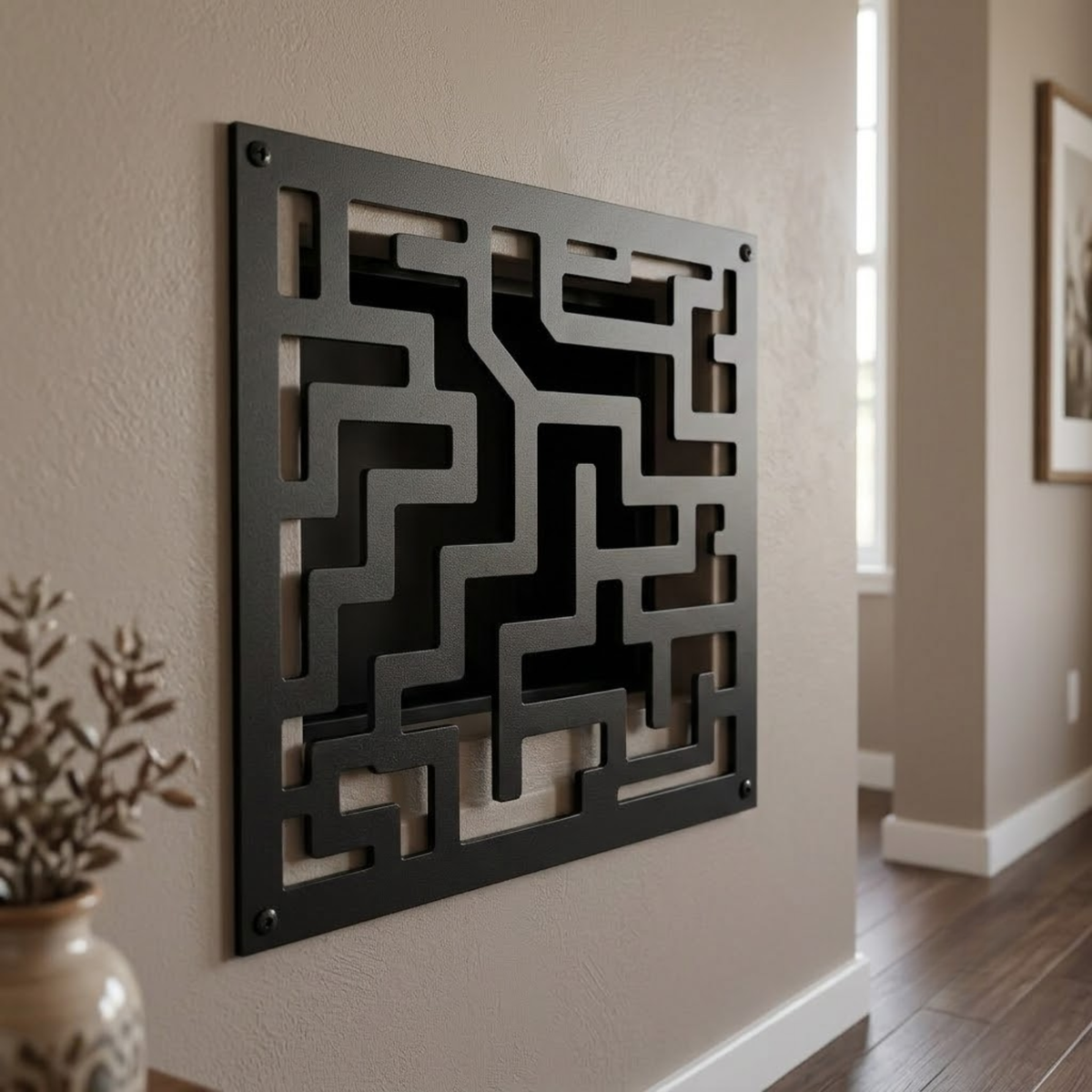 Custom decorative metal vent cover with laser-cut geometric and botanical patterns