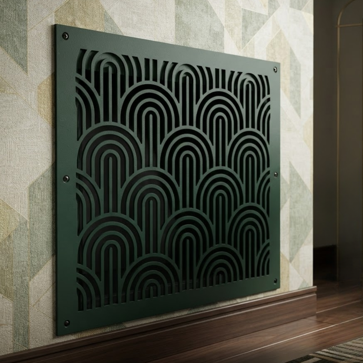 Art Deco decorative metal vent cover with geometric laser-cut grille patterns