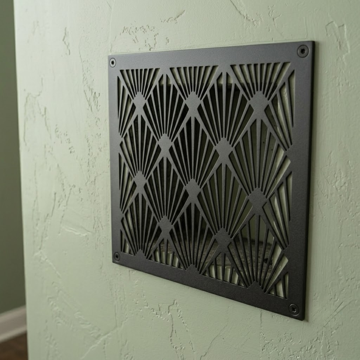 Art Deco decorative metal vent cover with geometric laser-cut grille patterns