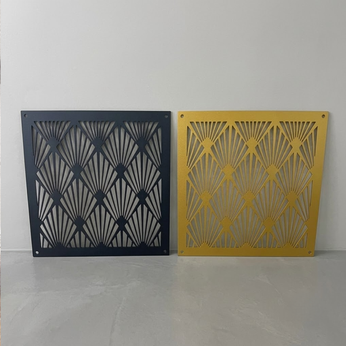 Art Deco decorative metal vent cover with geometric laser-cut grille patterns