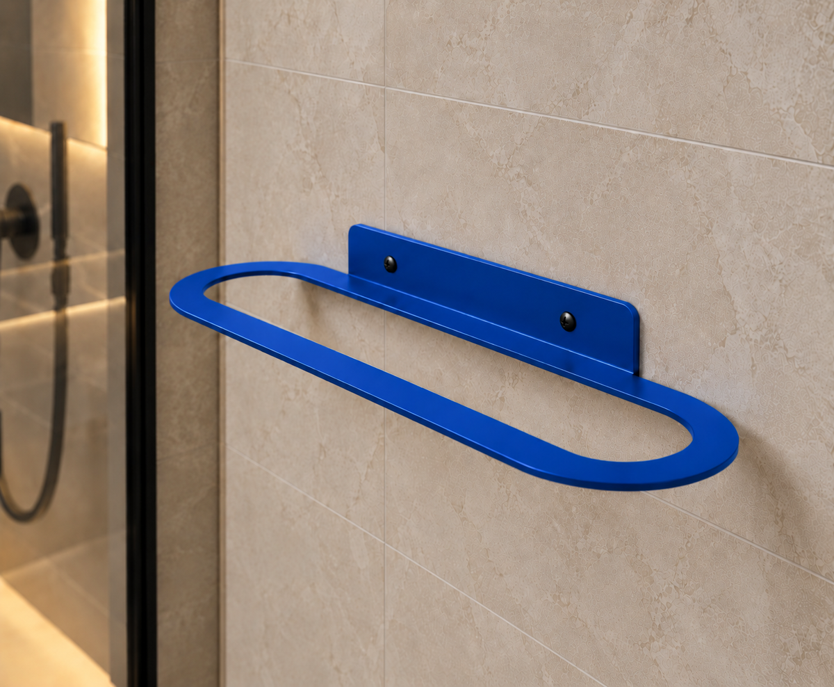 Blue metal wall-mounted towel rack with minimalist oval design and powder-coated finish Copy