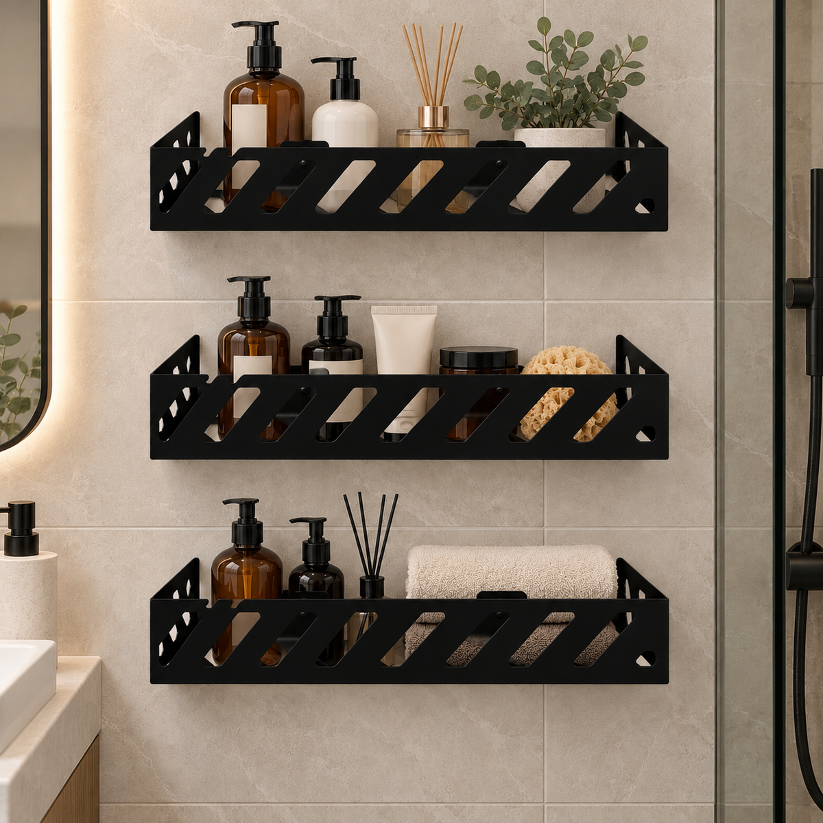 Black metal bathroom wall shelf with geometric cutouts holding toiletries, soap dispensers and toothbrushes