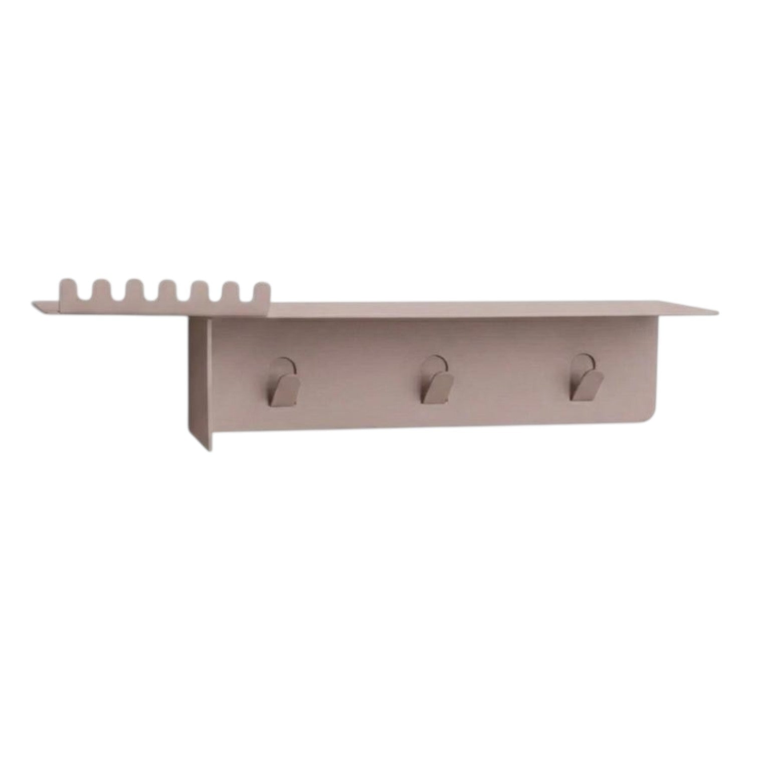 White wall-mounted shelf with hooks on a white background