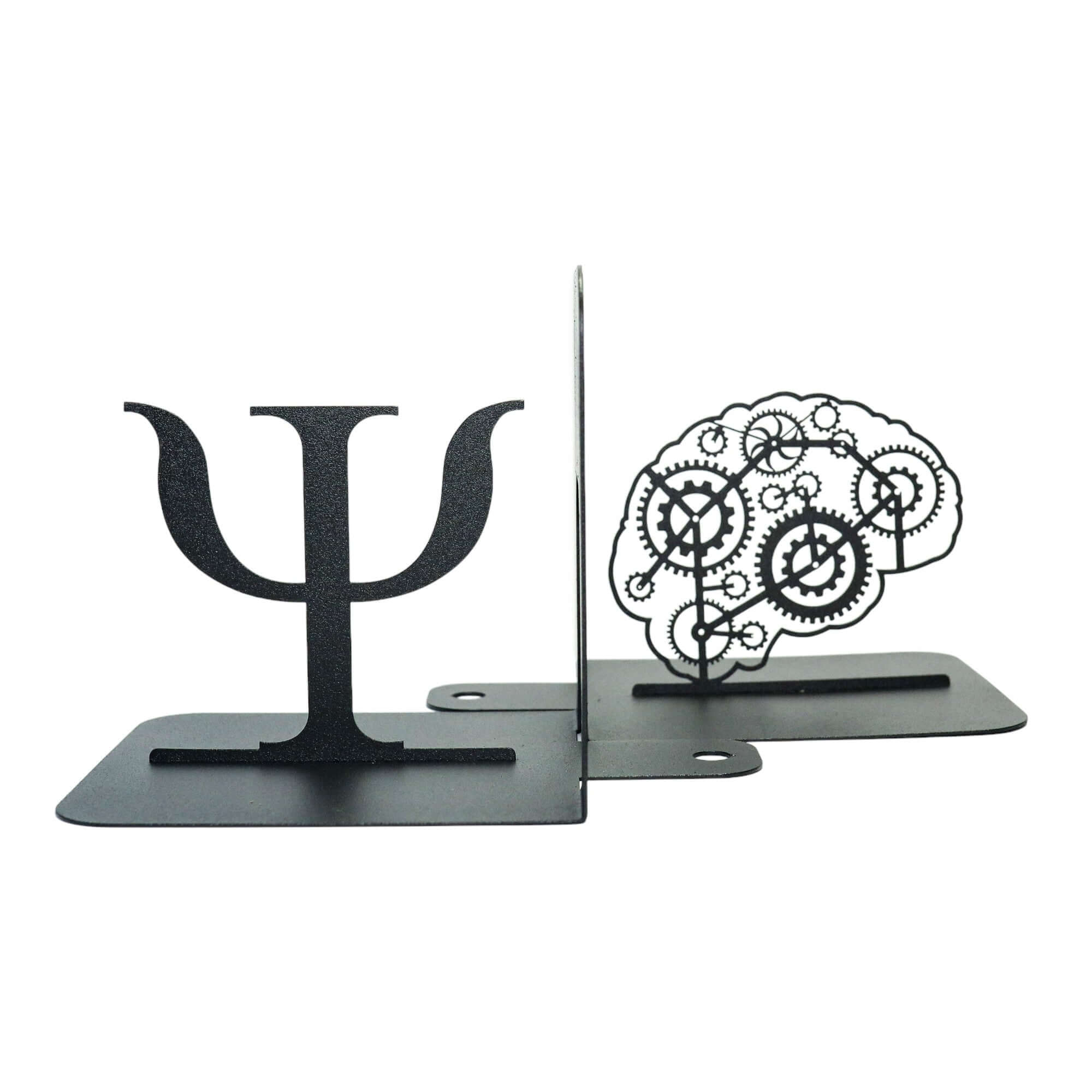 Black metal bookends with psi symbol and brain with gears design on a white background