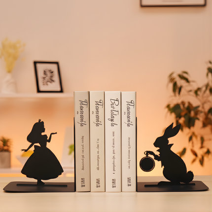 Metal Bookends – Alice and White Rabbit Silhouette Book Holder | Artistic Home & Office Shelf Decor