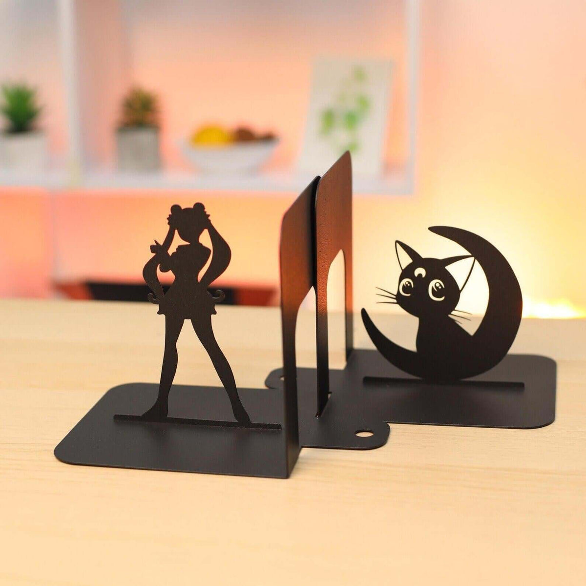 Metal Bookends Pair with Anime Girl and Cat Silhouette Design - Metaloslav 