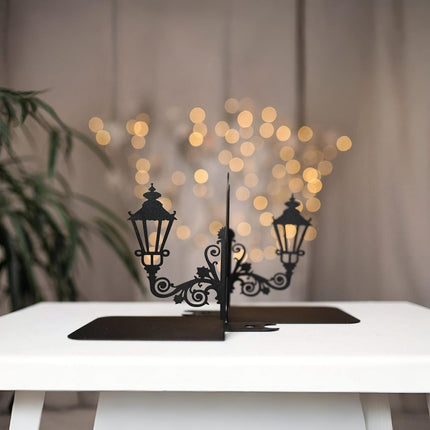 Metal Bookends Pair with Street Lamp Silhouette Decorative Design