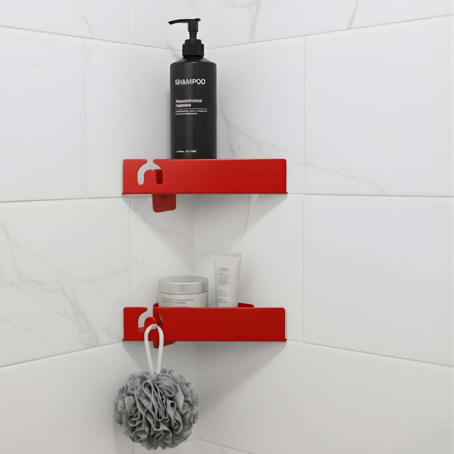Modern Metal Corner Shower Shelf with Geometric Cutouts, Wall Mounted - Metaloslav 