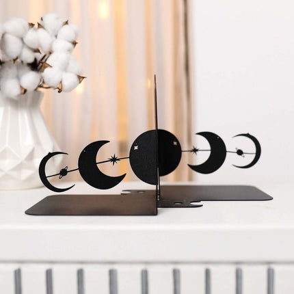 Metal Moon Phases Bookends Set with Celestial Minimalist Design - Metaloslav 