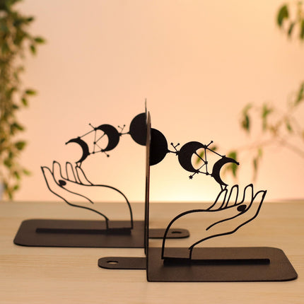 Metal Bookends Pair with Moon Phase and Hands Celestial Design