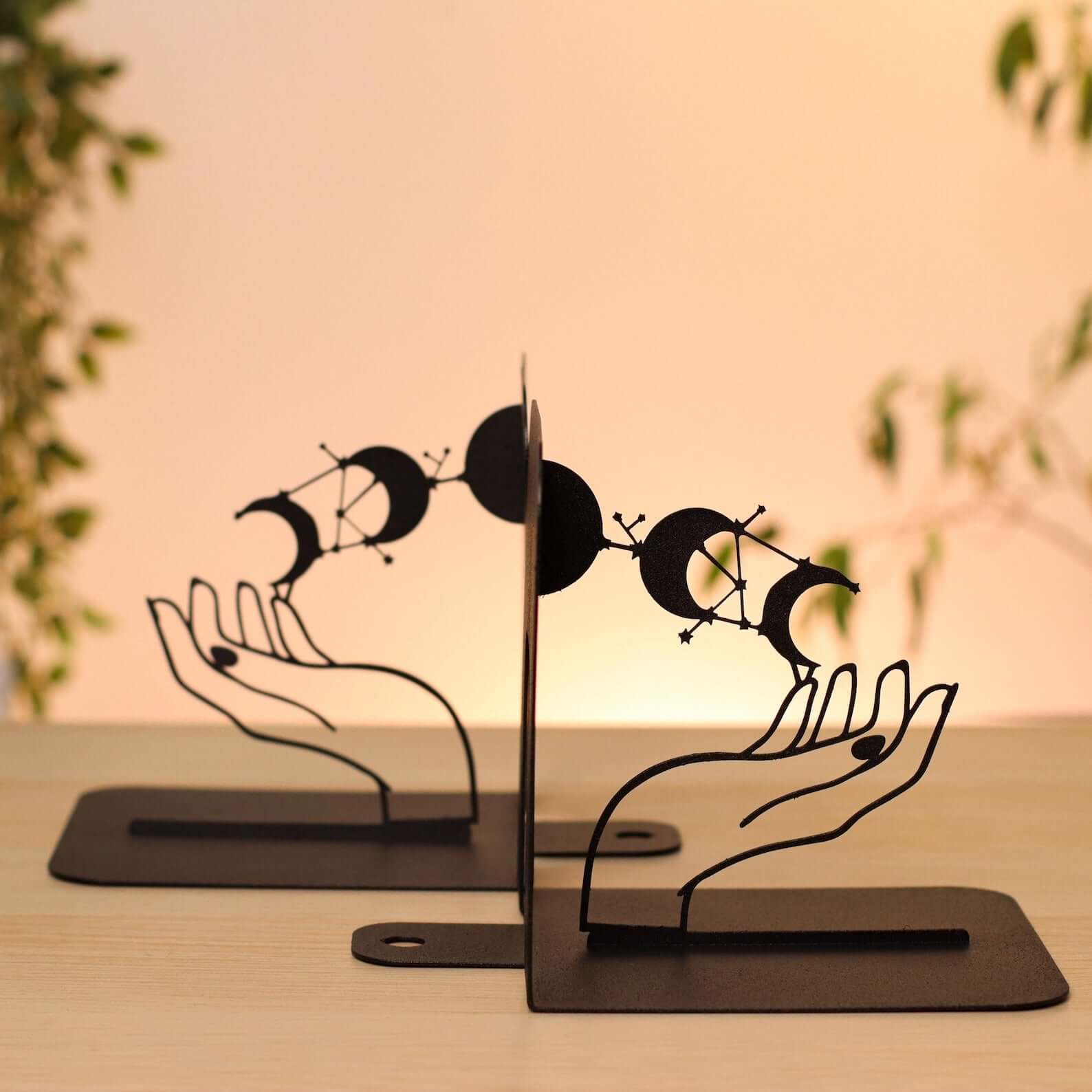 Metal Bookends Pair with Moon Phase and Hands Celestial Design - Metaloslav 