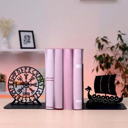 Metal Bookends Pair with Viking Drakkar Ship and Vegvisir Symbol - Metaloslav 