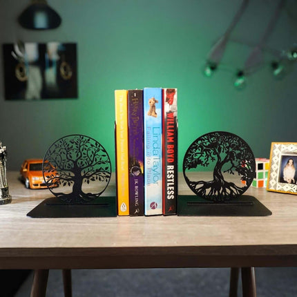 Metal Bookends with Tree of Life Design, Powder-Coated Steel - Metaloslav 