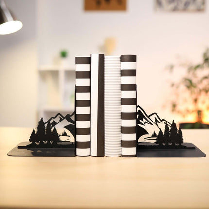 Metal Bookends Pair with Mountain and Forest Landscape Silhouette - Metaloslav 