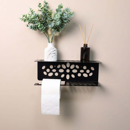 Metal Toilet Paper Holder with Shelf and Cut-Out Pattern - Metaloslav 