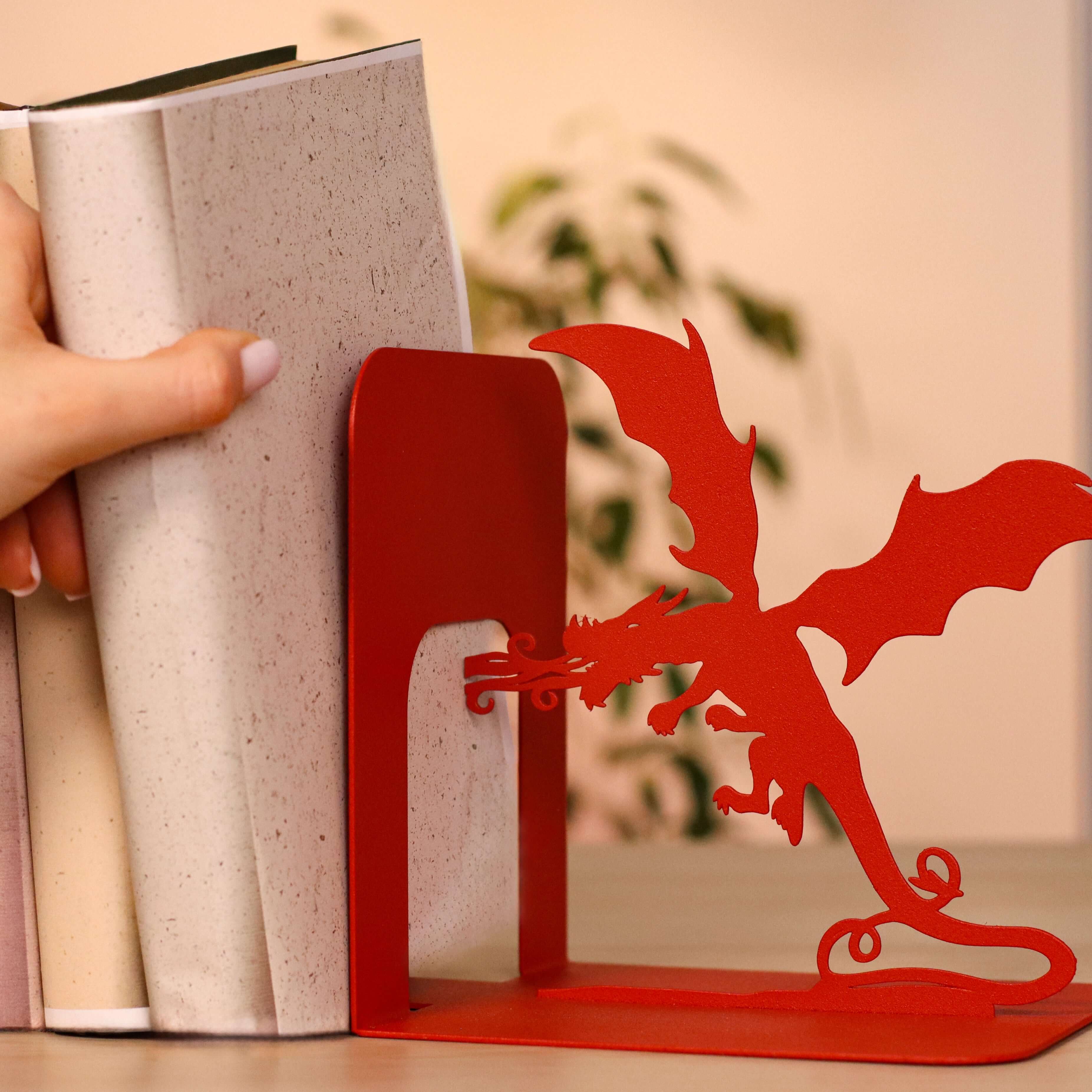 Metal Bookends – Dragon & Wizard Steel Holder Fantasy Shelf Decor