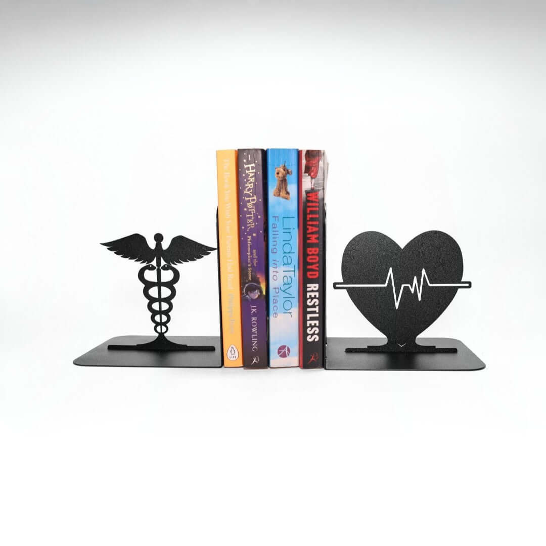 Heart Pulse and Caduceus Metal Bookends in Powder-Coated Steel - Metaloslav 