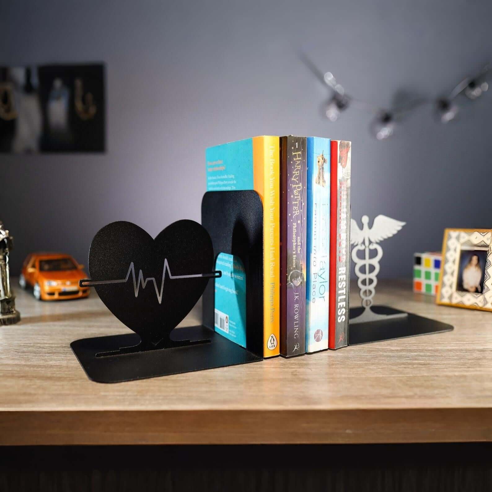 Heart Pulse and Caduceus Metal Bookends in Powder-Coated Steel - Metaloslav 