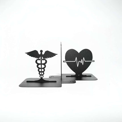 Heart Pulse and Caduceus Metal Bookends in Powder-Coated Steel - Metaloslav 