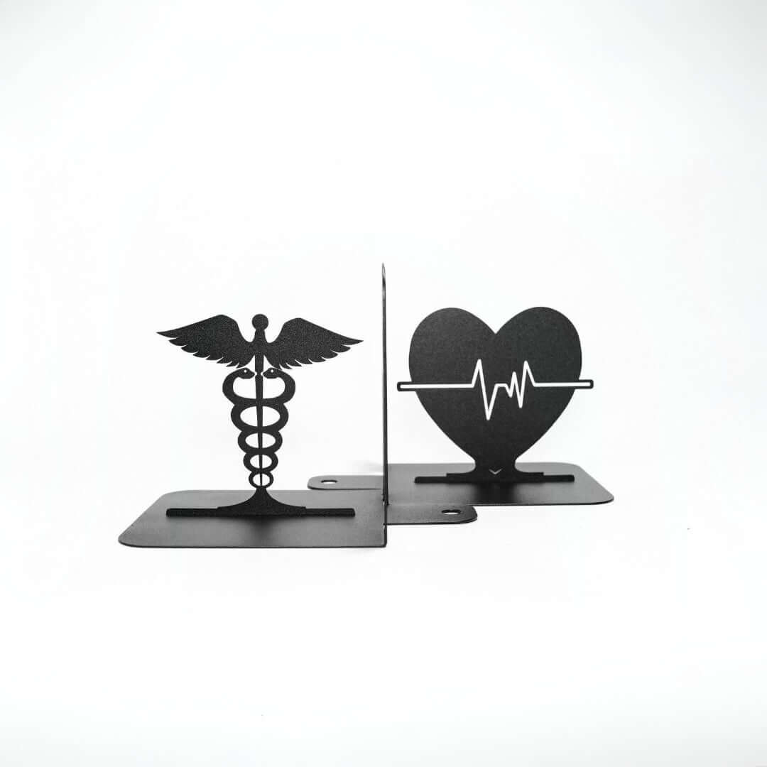 Heart Pulse and Caduceus Metal Bookends in Powder-Coated Steel - Metaloslav 
