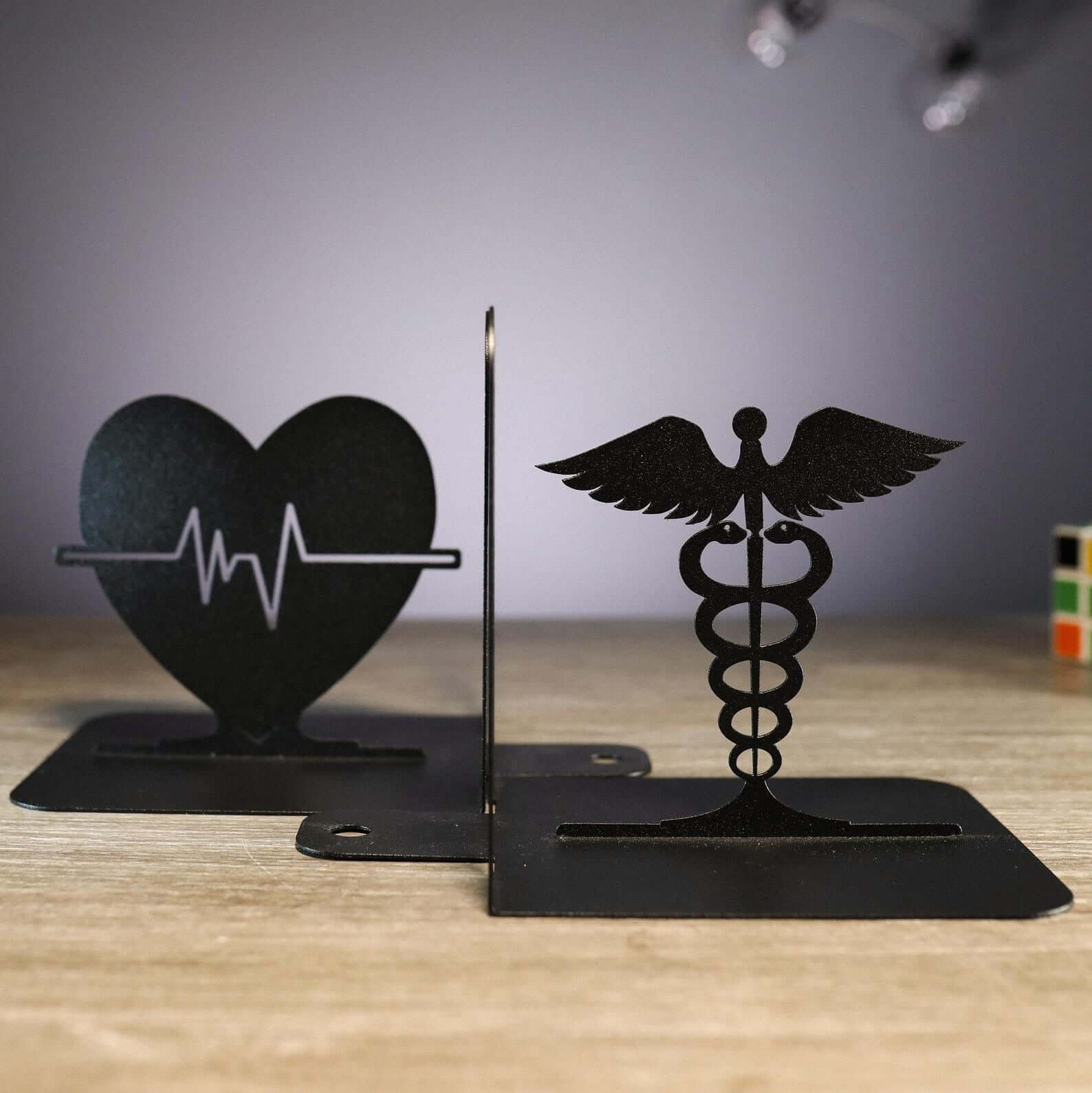 Heart Pulse and Caduceus Metal Bookends in Powder-Coated Steel - Metaloslav 